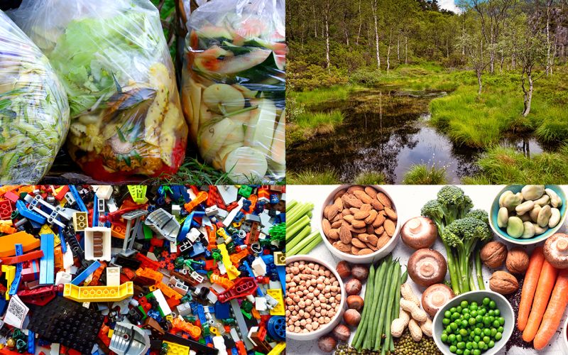 Bilde av ulike motiver som illustrerer plastleker, matavfall, natur og bærekraftig mat