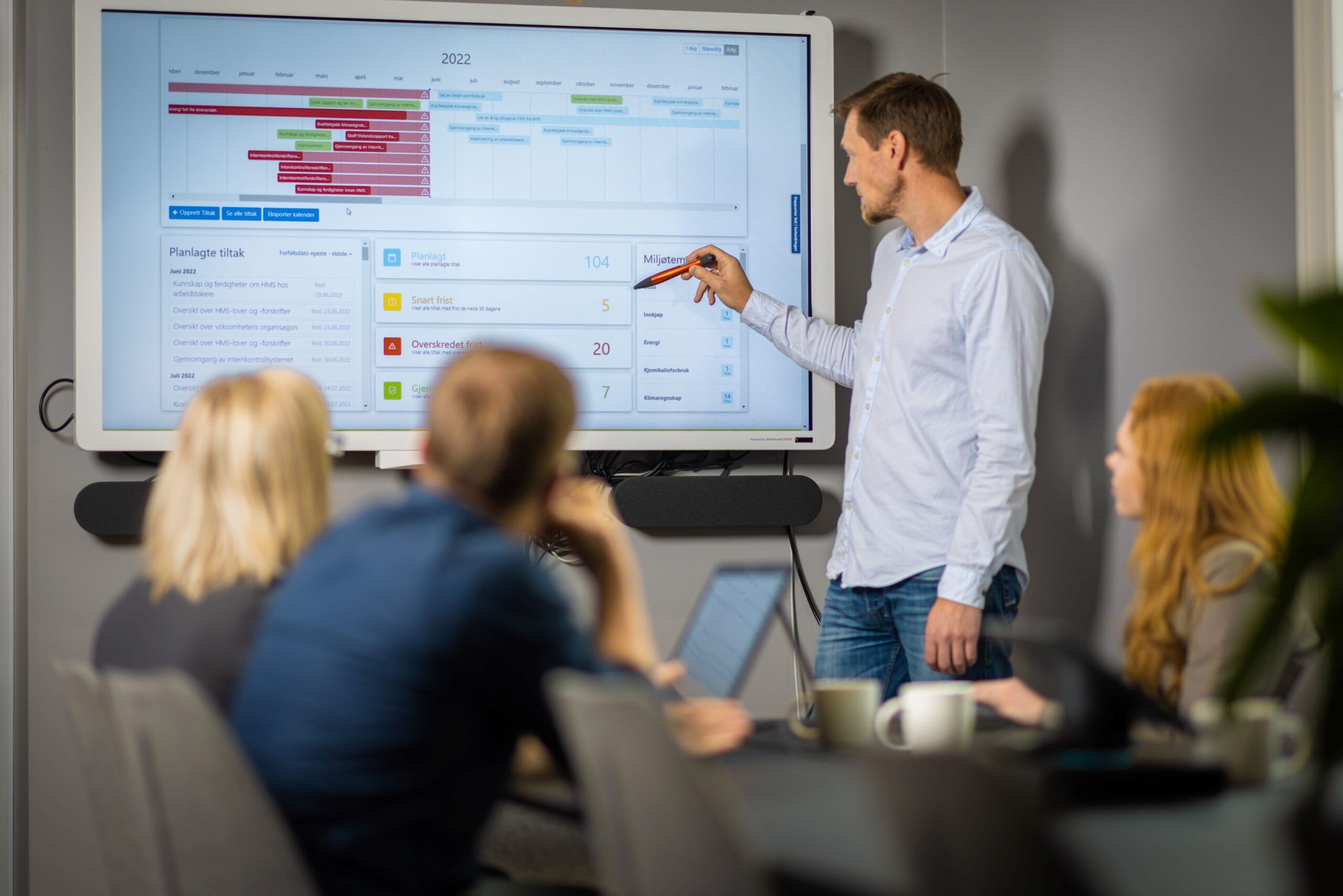 Foredragsholder som viser en graf på en skjerm i forbindelse med miljørapportering.
