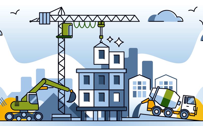 Grafisk illustrasjon av maskiner og anleggsarbeid