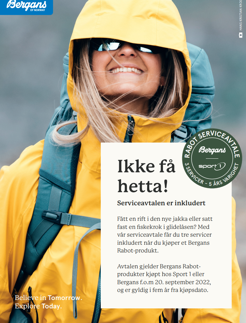 Bildet viser Bergans serviceavtale, med bilde av dame i turklær og informasjon om avtalen